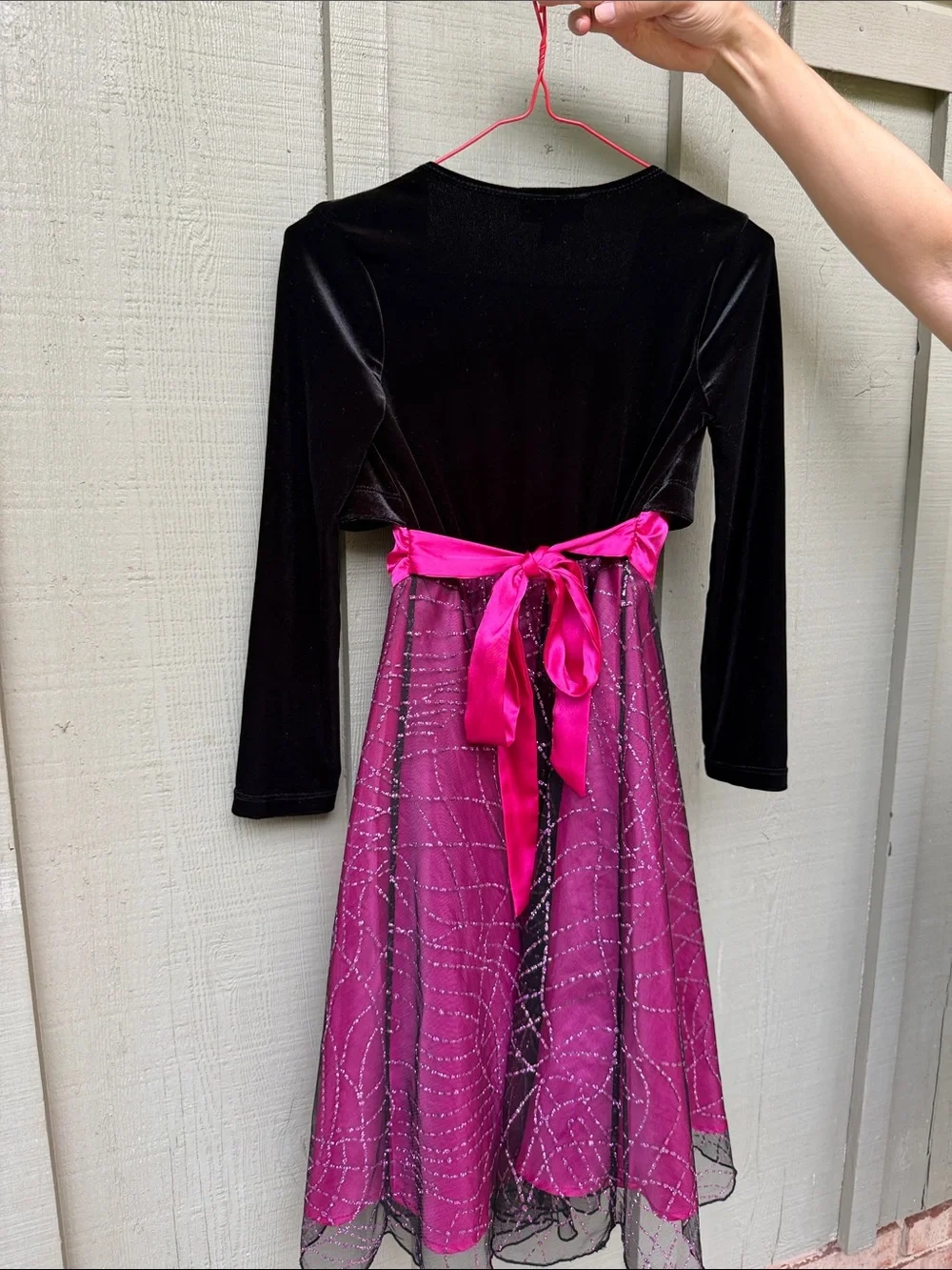 BCX Black Velvet Bolero with Hot Pink Satin Waistband and glitter Overlay Dress